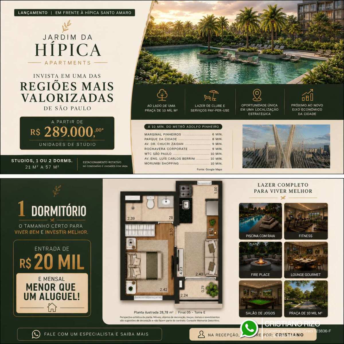 Jardim da Hipica Santo Amaro - De 21 a 276m², 2 a 4 Suites, 1 a 3 Vagas, Lazer Completo, a venda - Cristiano Rizo
