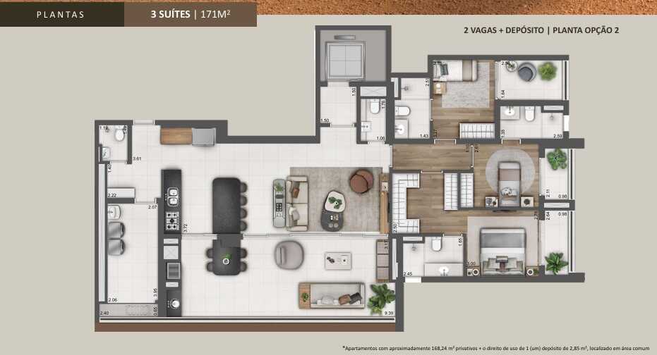 Planta - Arizona 1002 Brooklin - 171m² ou 202m², 4 Suítes ou 4 Dorms com 2 vagas  e Lazer Completo - Cristiano Rizo