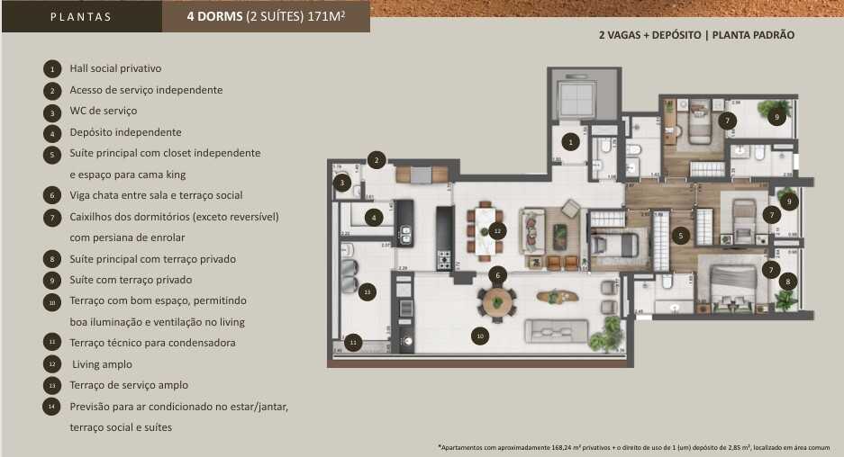 Planta - Arizona 1002 Brooklin - 171m² ou 202m², 4 Suítes ou 4 Dorms com 2 vagas  e Lazer Completo - Cristiano Rizo