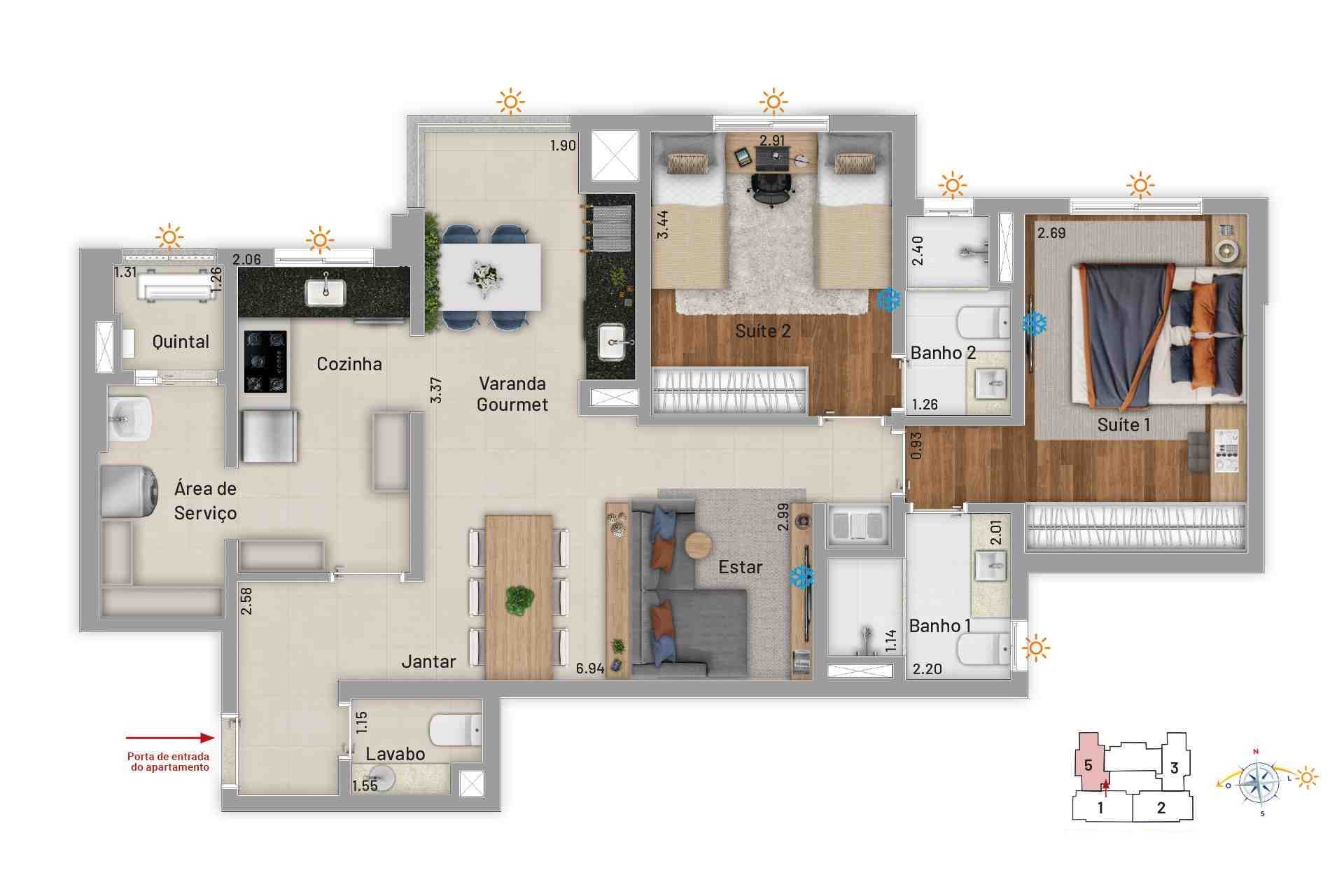 Planta - Soberano Santa Paula -  88,08m2 com 2 suítes e 2 vagas, a venda em São Caetano do Sul - Cristiano Rizo