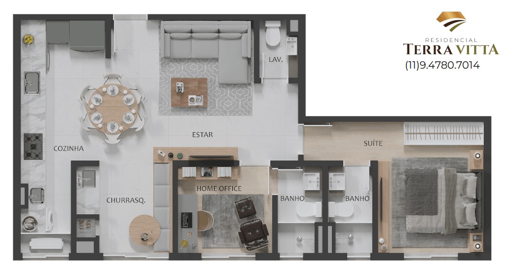 Planta - Terravitta Barcelona - 68m² com 2 Suites, Lavabo e 2 Vagas para Venda - Cristiano Rizo