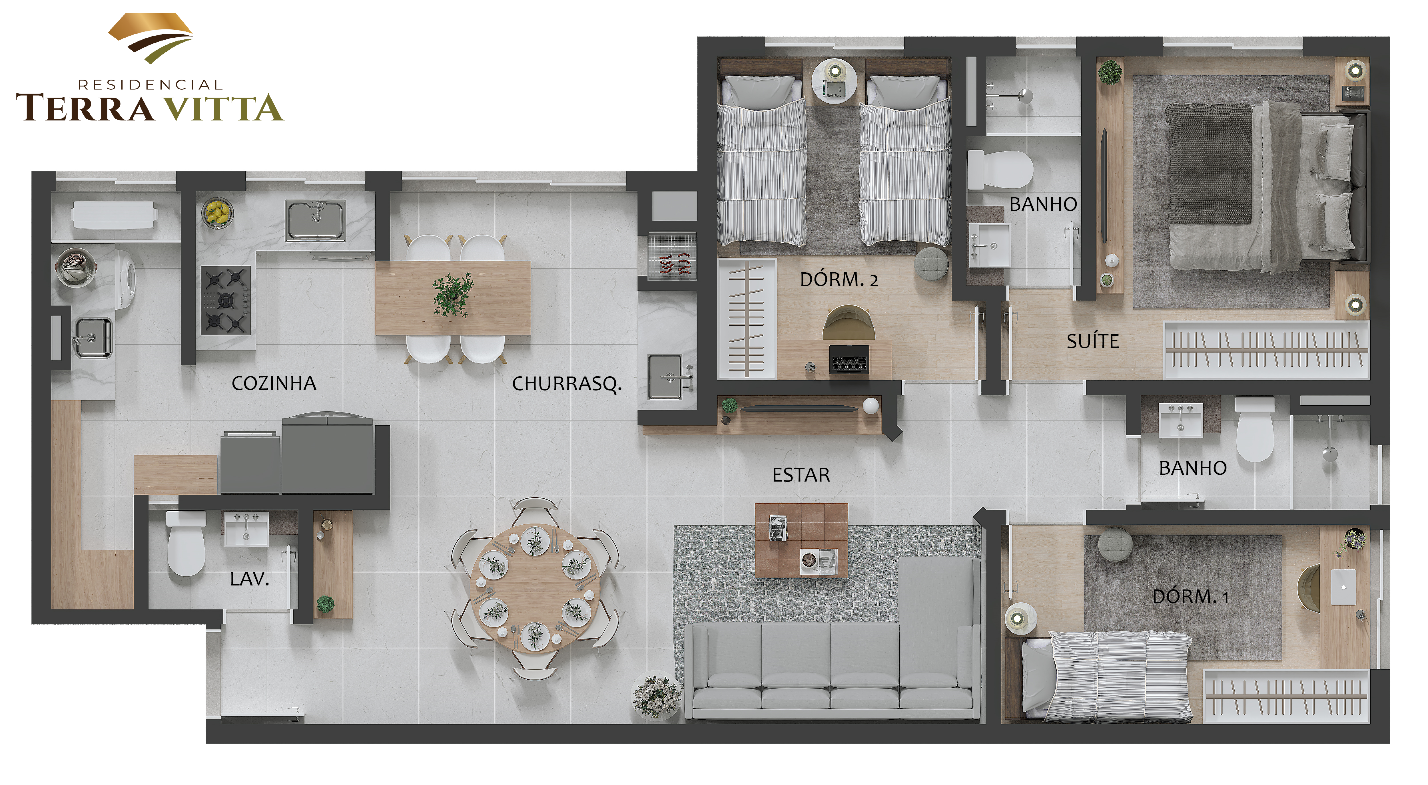 Planta - Terravitta Bairro Barcelona - 86m² com 3 Dorms sendo 1 Suíte, Lavabo e 2 Vagas para Venda - Cristiano Rizo