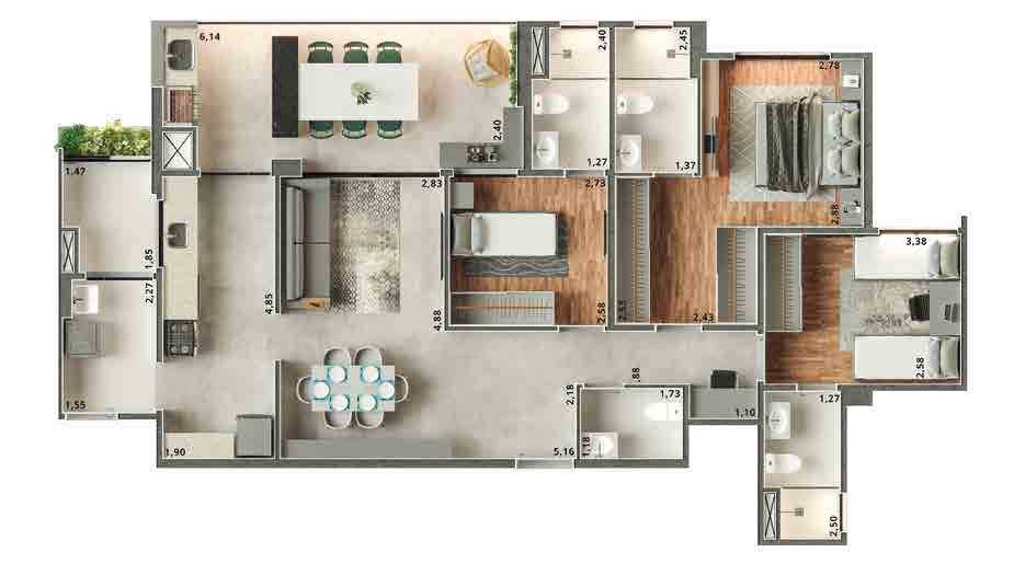 Planta - Figueiras Motiró - Apartamento com 112m², 3 Suítes, 2 ou 3 Vagas, à venda em Santo André, Campestre - Cristiano Rizo