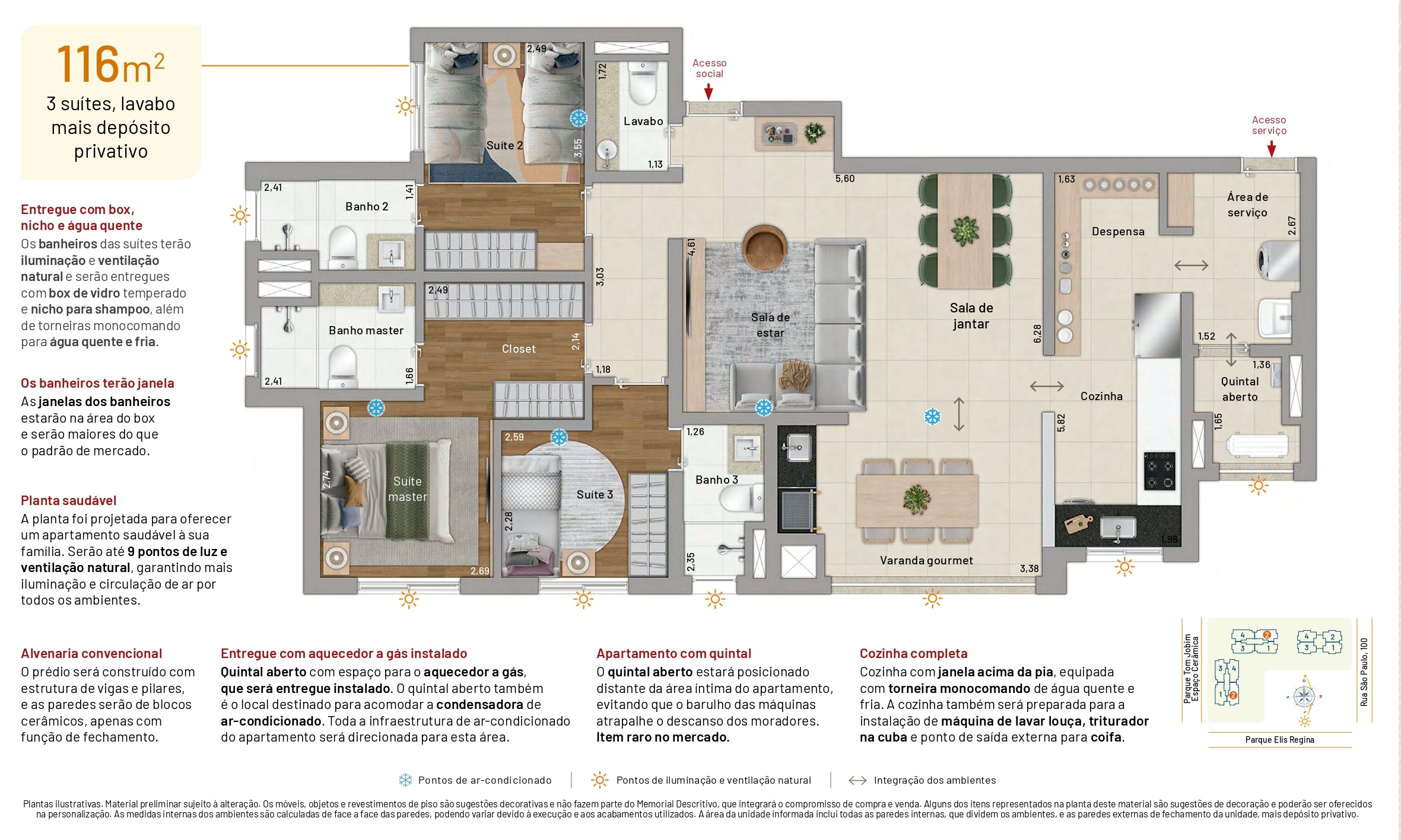 Planta - Bossa Nova Patriani, 116m²,  3 Suites, 2 Vagas a venda, Espaço Cerâmica em São Caetano do Sul - Cristiano Rizo