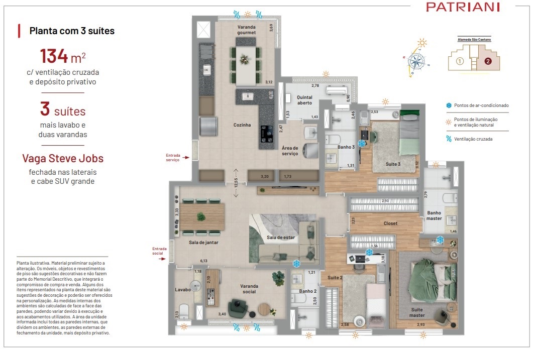 Planta - Vista Campestre Patriani em Santo André - 134m², 3 Suites e 2 Vagas e Lazer Completo - Cristiano Rizo