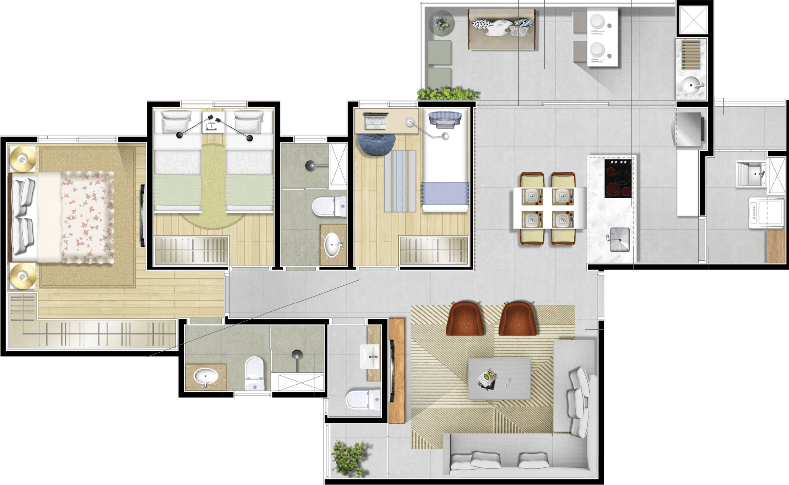 Planta - Concept Braido - 92m², 3 Dorms (1 Suíte) e 2 vagas no Bairro Campestre em Santo André - Cristiano Rizo