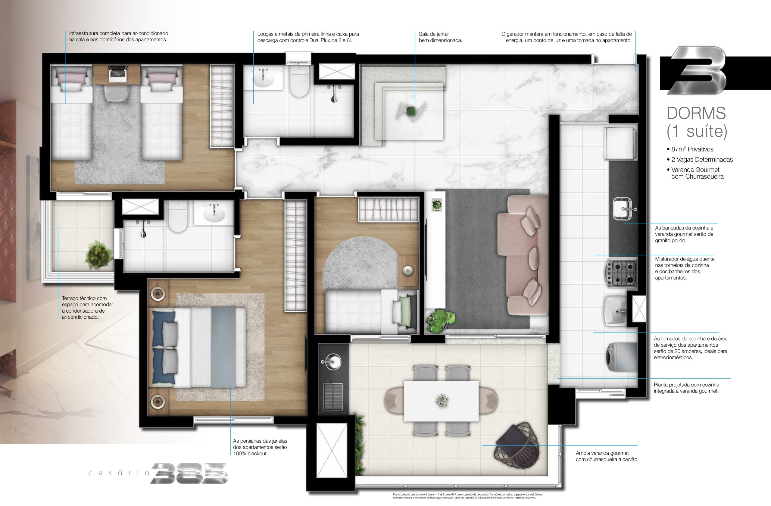 Planta - Cesario 385 - Apartamento à venda, com 87m², 3 Dorms (1 Suite) na Vila Bastos em Santo André - Cristiano Rizo